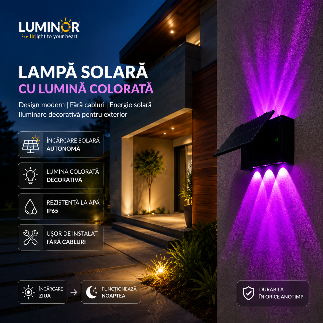Proiector solar de perete Pilar pentru iluminat la exterior RGB